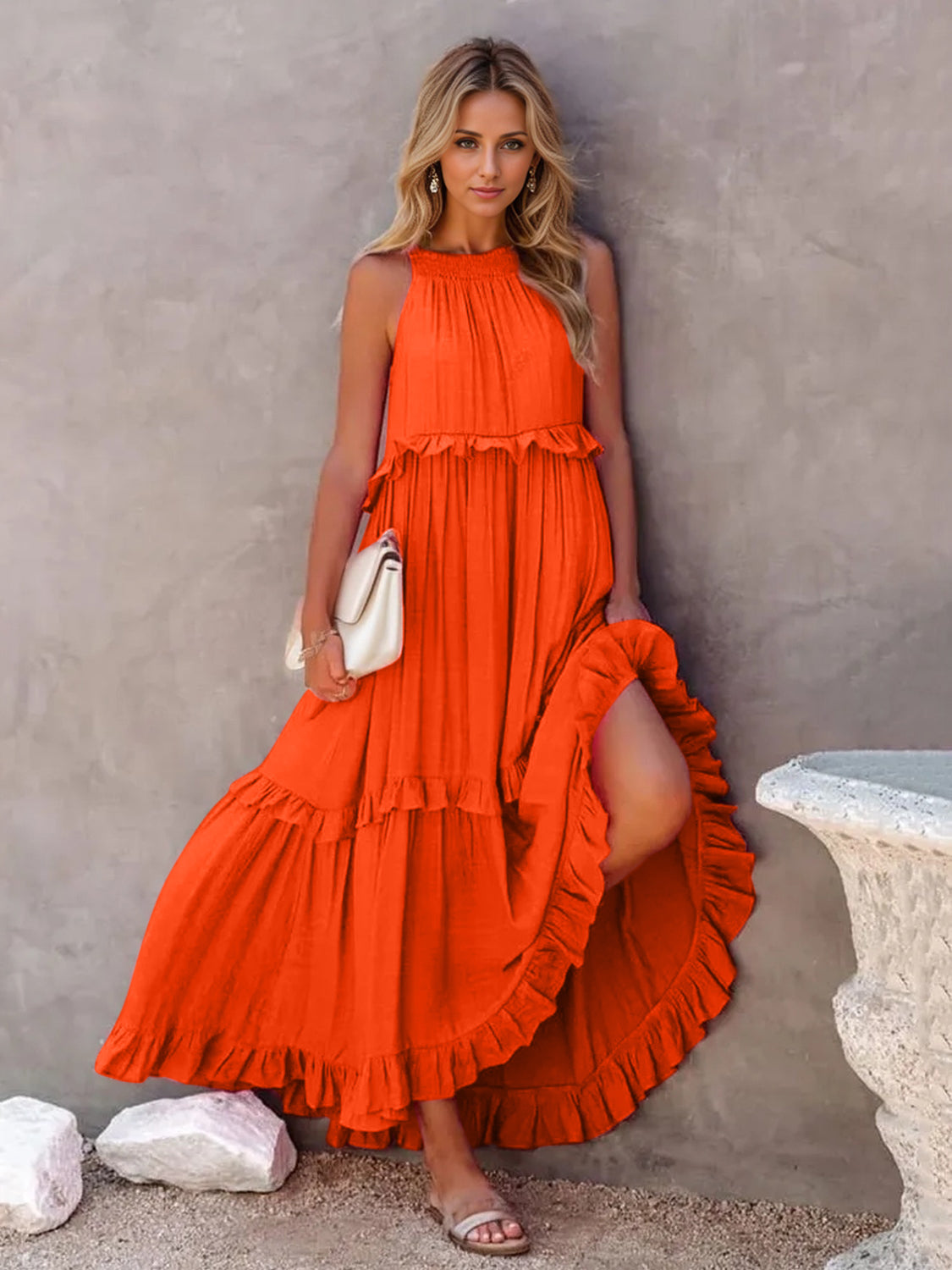 Ruffled Sleeveless Tiered Maxi Dress with Pockets