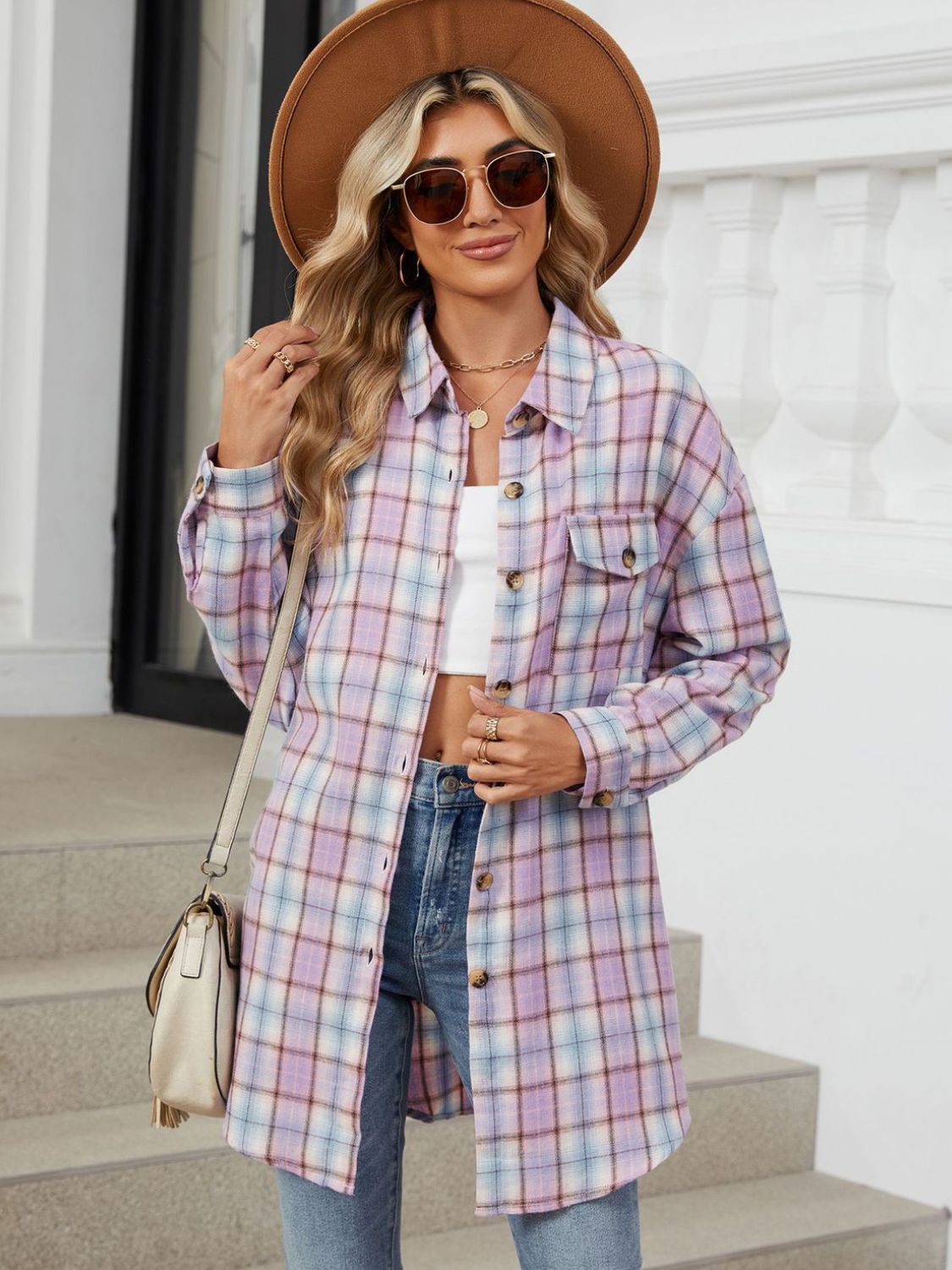 Plaid Collared Neck Long Sleeve Shirt