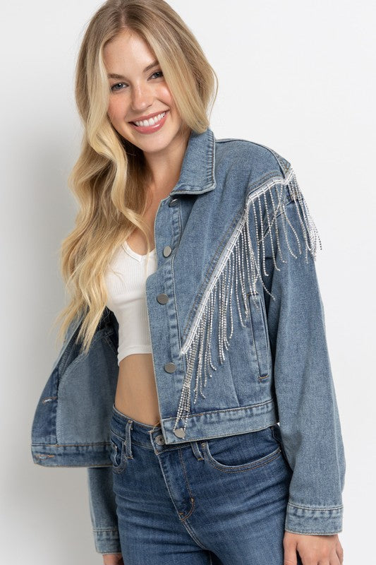 CROP DENIM JACKET WITH RHINESTONE FRINGE