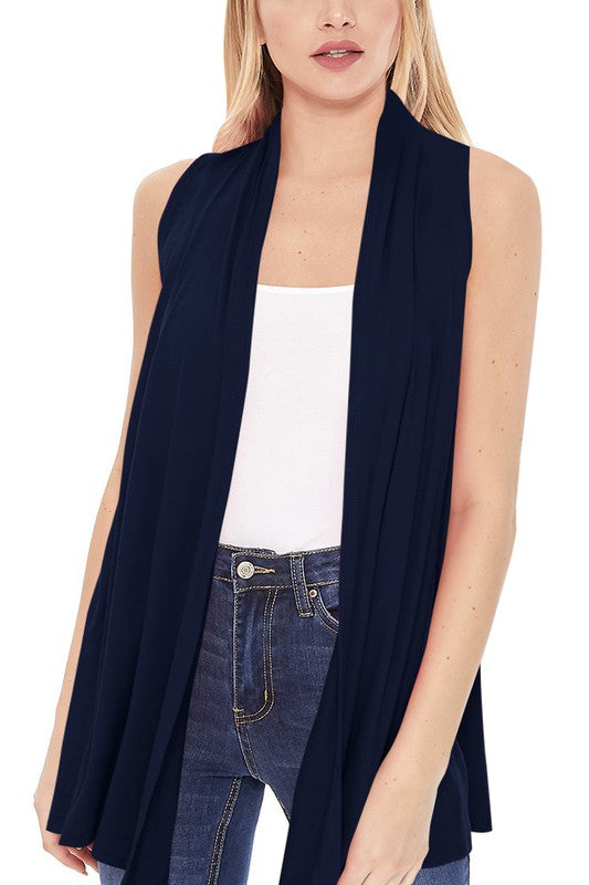 Solid, long body open front vest in a loose fit