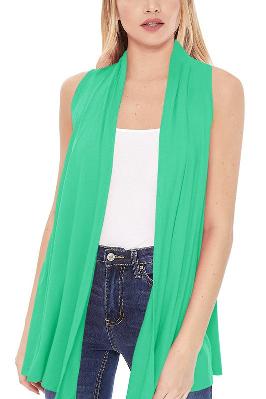 Solid, long body open front vest in a loose fit