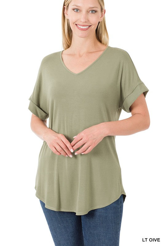 Luxe Rayon Short Cuff Sleeve V-Neck Round Hem Top