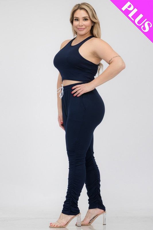 Plus Size Crop Tank Top & Ruched Pants Set