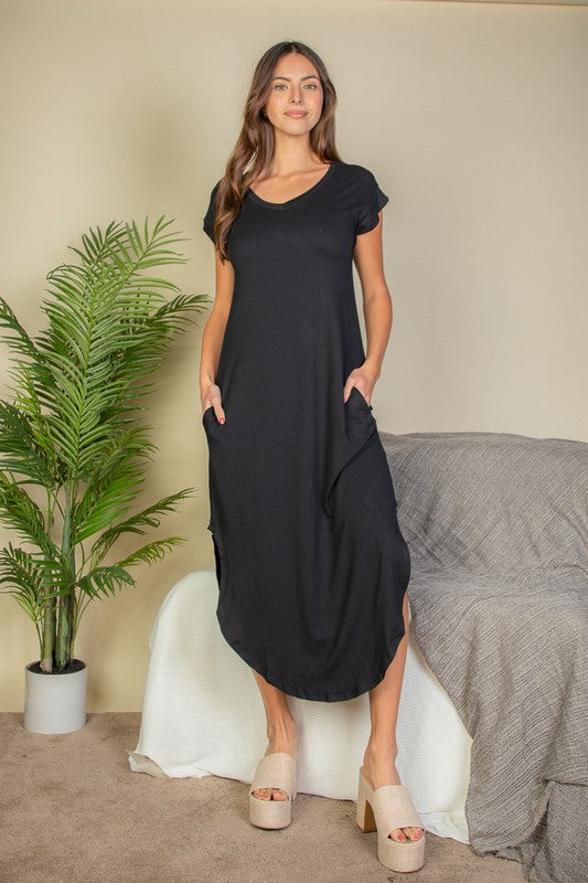 Hidden Pocket Batwing Sleeve V Neck Long Dress