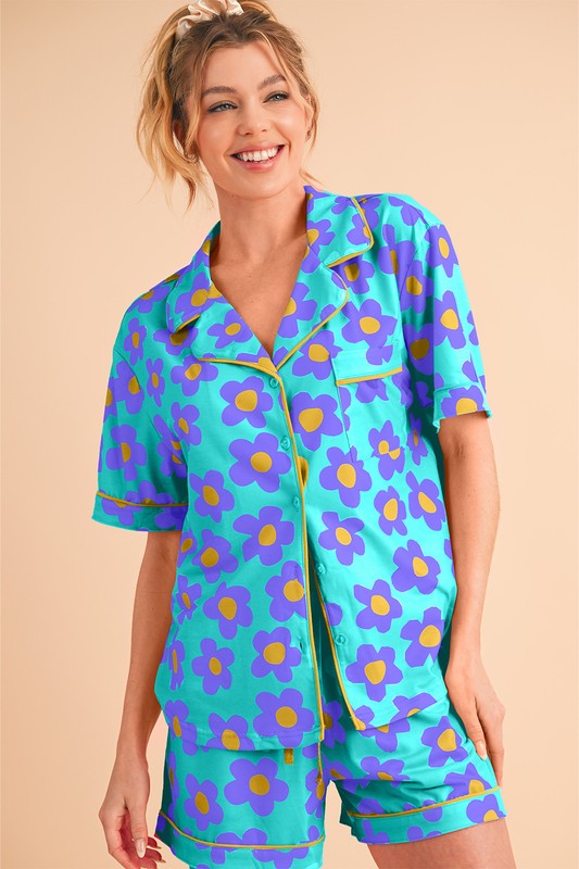 Flower Short Sleeve Shirt Pajamas Set