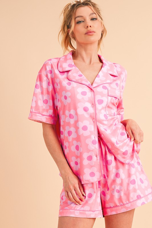 Flower Short Sleeve Shirt Pajamas Set