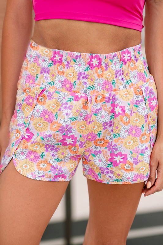 Boho Floral Shirred High Waist Casual Shorts