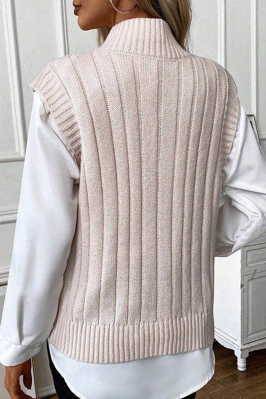 Women Oatmeal Cable Knit High Neck Sweater Vest