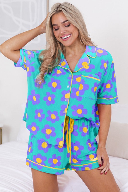 Women Flower Print Short Sleeve Shirt Pajamas Set