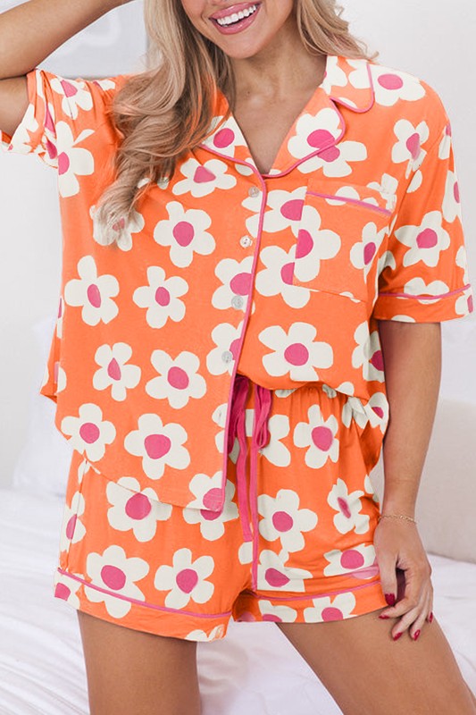 Women Flower Print Short Sleeve Shirt Pajamas Set