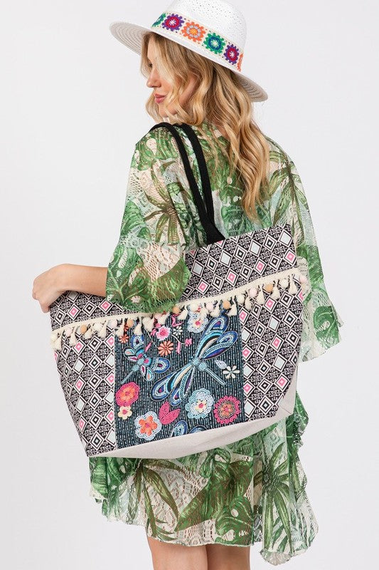Dragonfly and Tassel Beaded Tote Bag