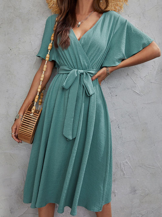 Surplice Flutter Sleeve Midi Dress