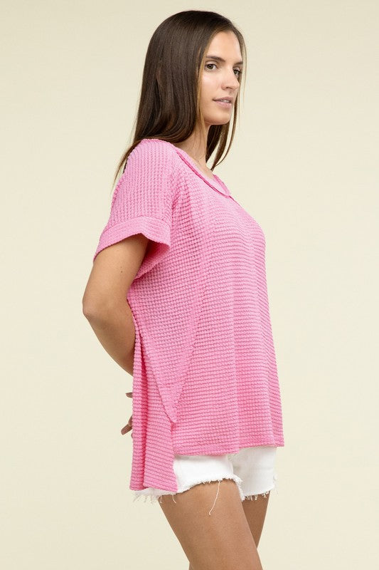 Brushed Waffle Exposed-Seam Short Sleeve Top