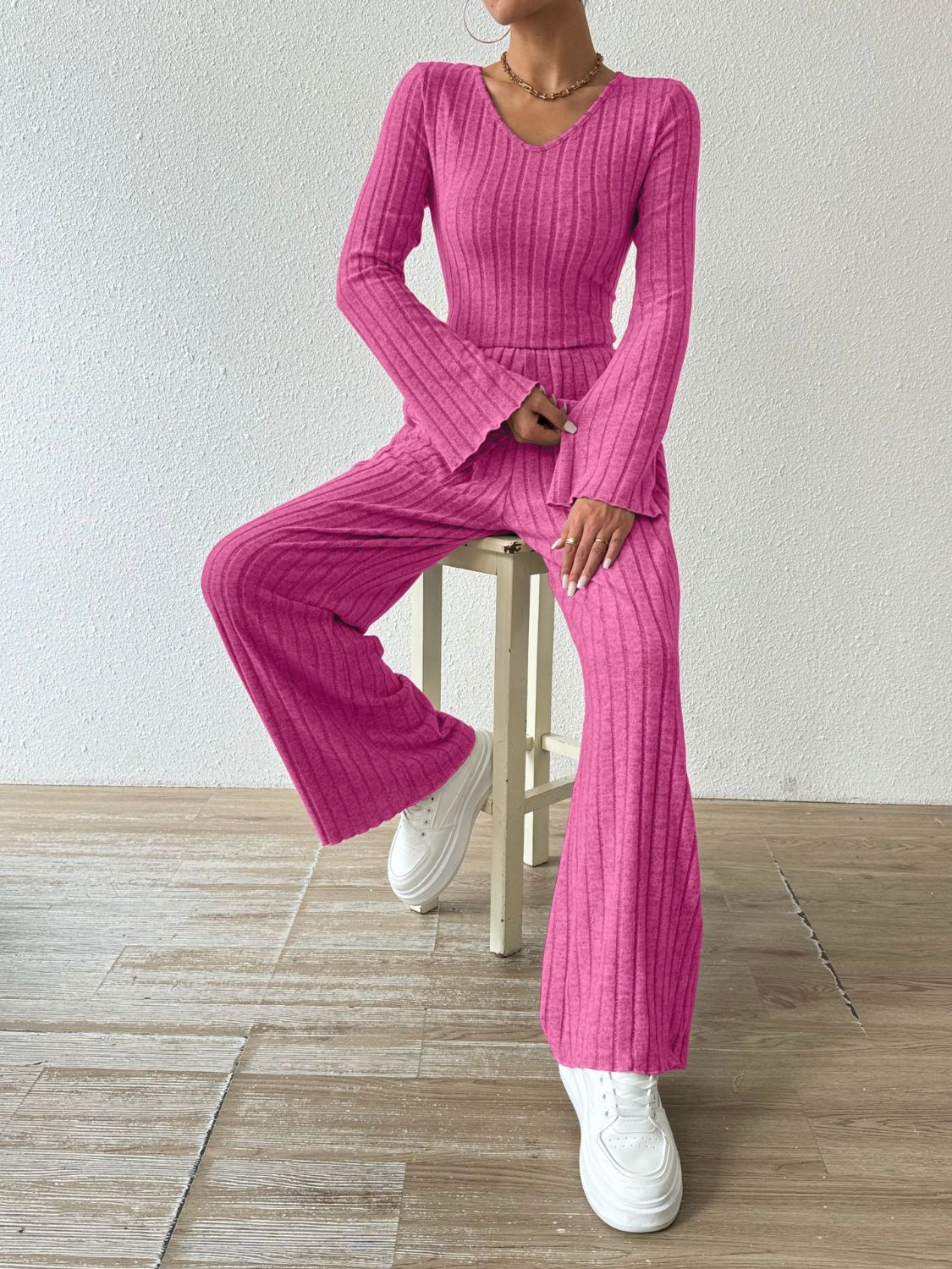 Ribbed V-Neck Long Sleeve Top and Pocketed Pants Set