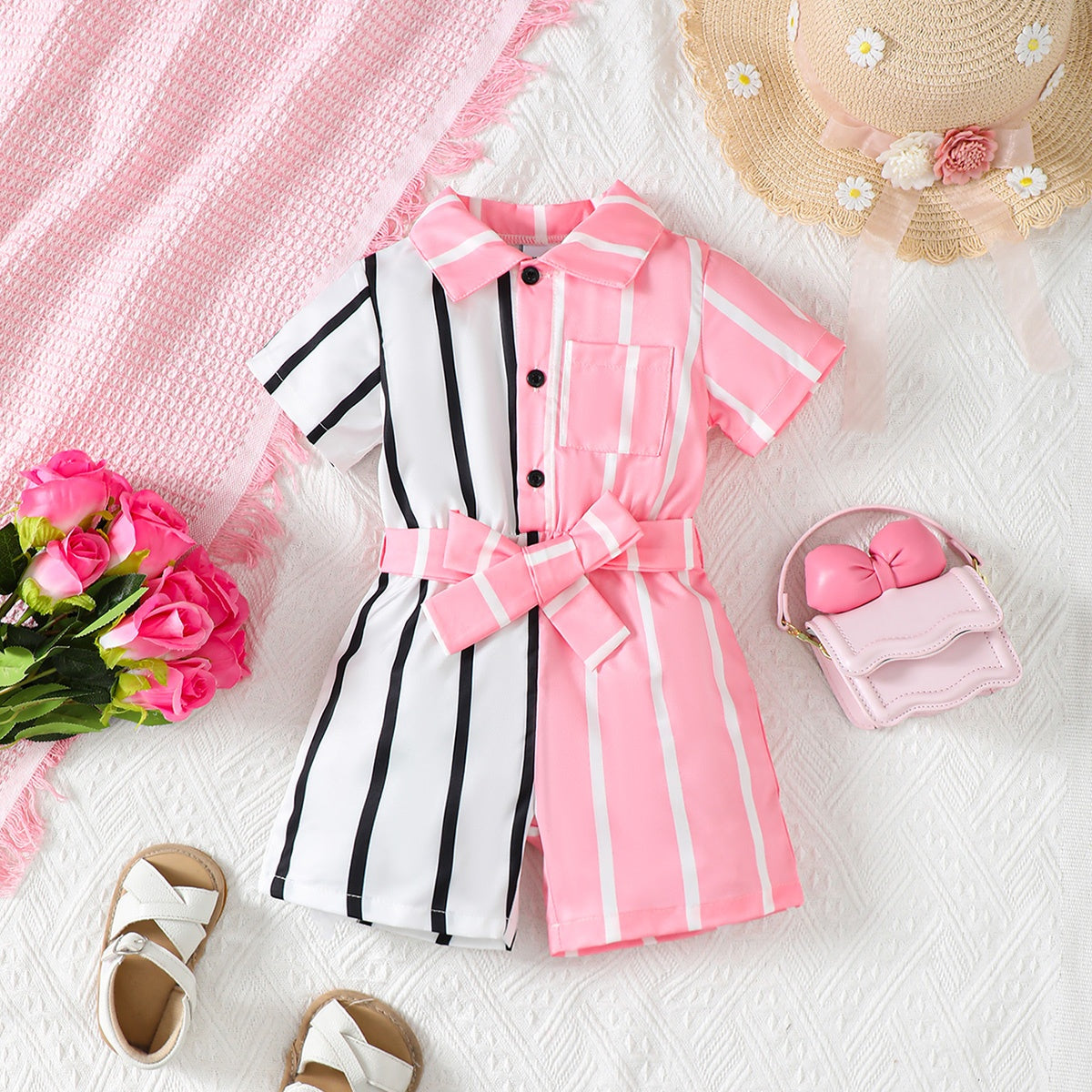 Striped Two-Tone Short Sleeve Tie Waist Romper girl