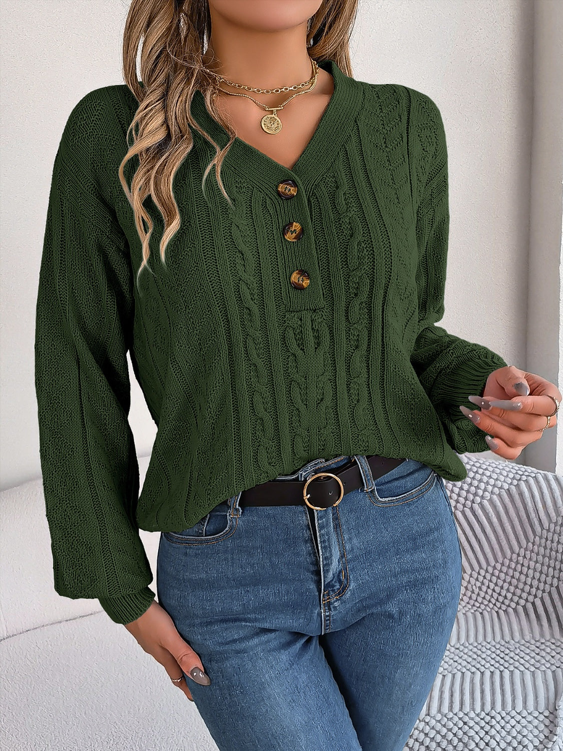 Cable-Knit V-Neck Long Sleeve Sweater