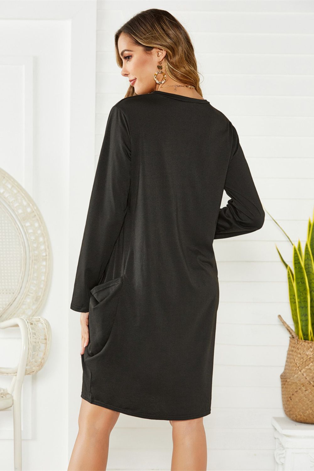 Pocketed Round Neck Long Sleeve Dress