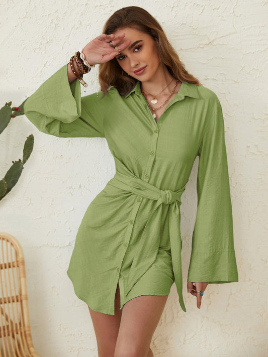 Collared Neck Long Sleeve Mini Shirt Dress