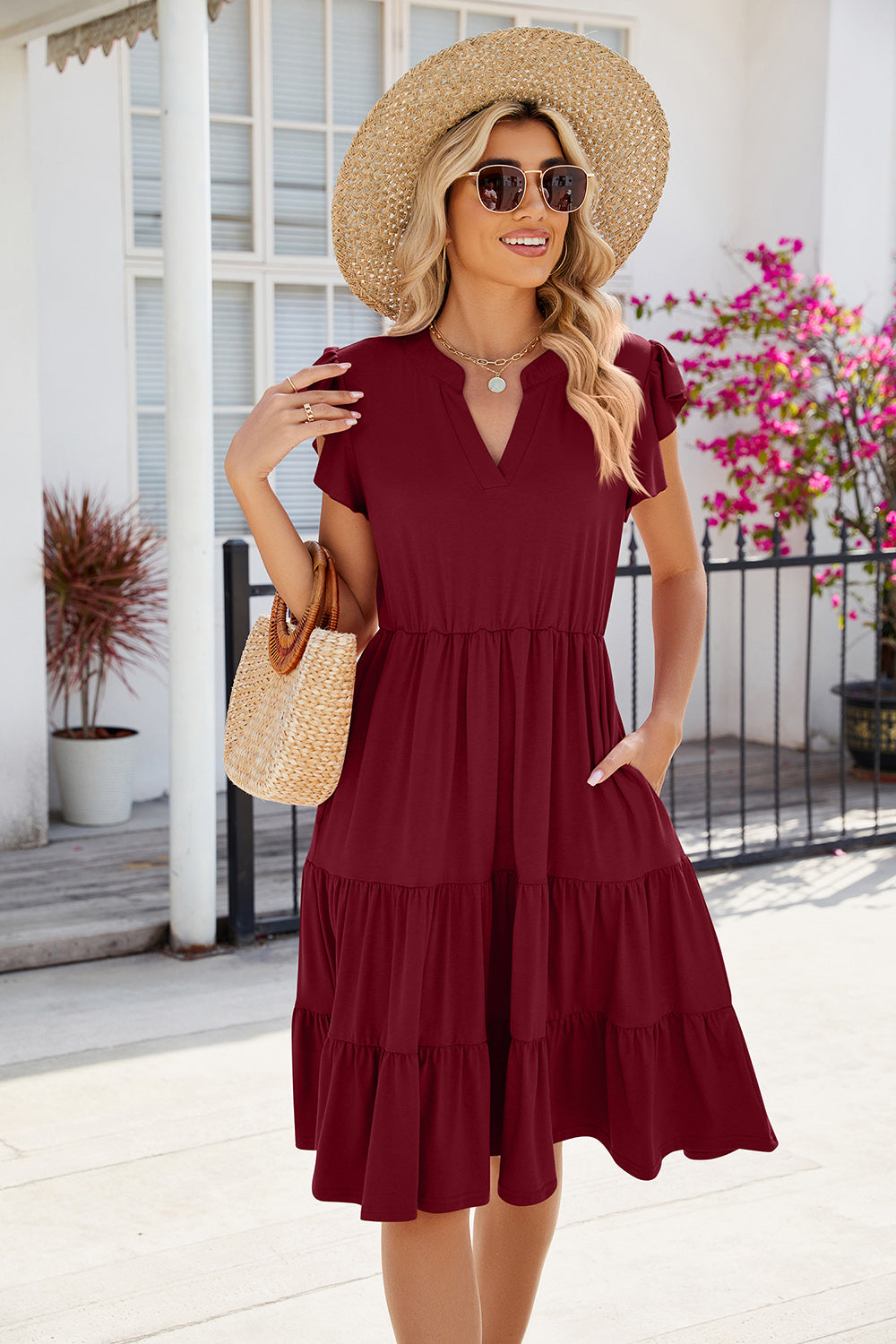 Ruched Notched Cap Sleeve Dress