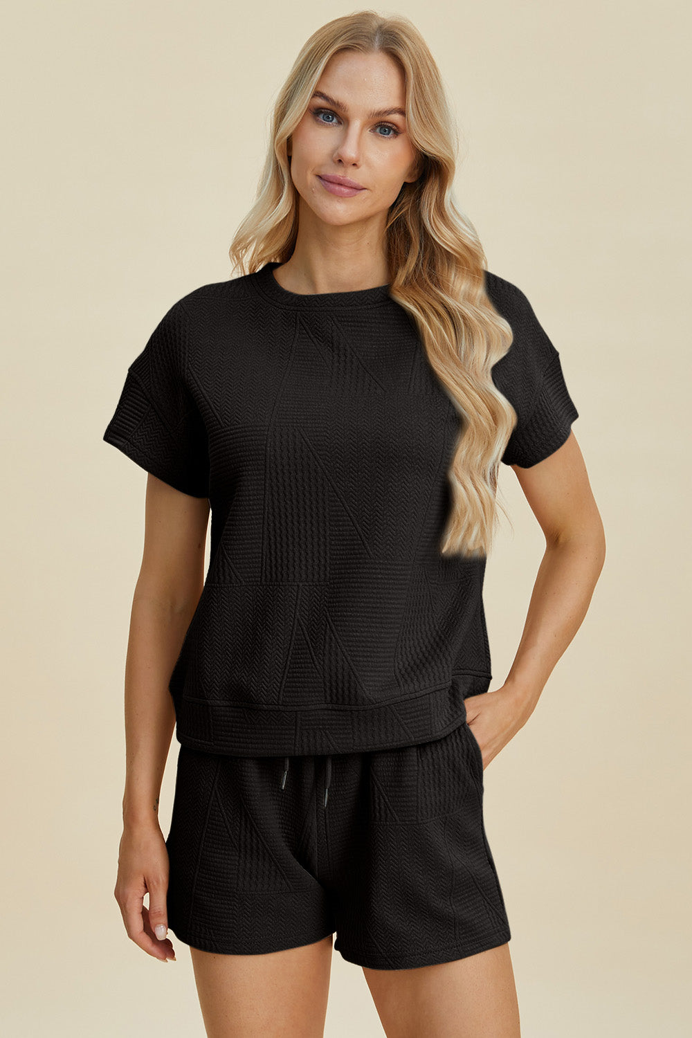 Double Take Full Size Texture Short Sleeve Top and Shorts Set