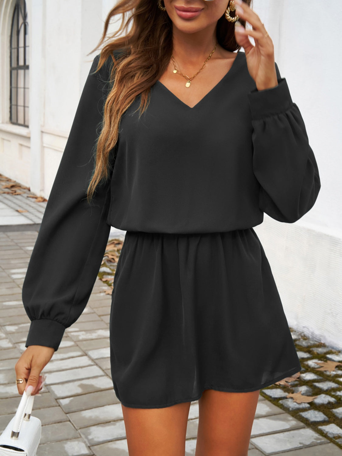 Cutout V-Neck Long Sleeve Mini Dress