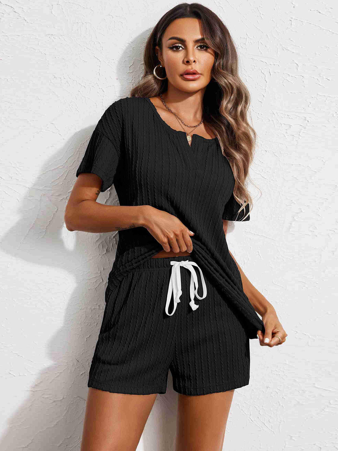 Notched Short Sleeve Top and Shorts Set