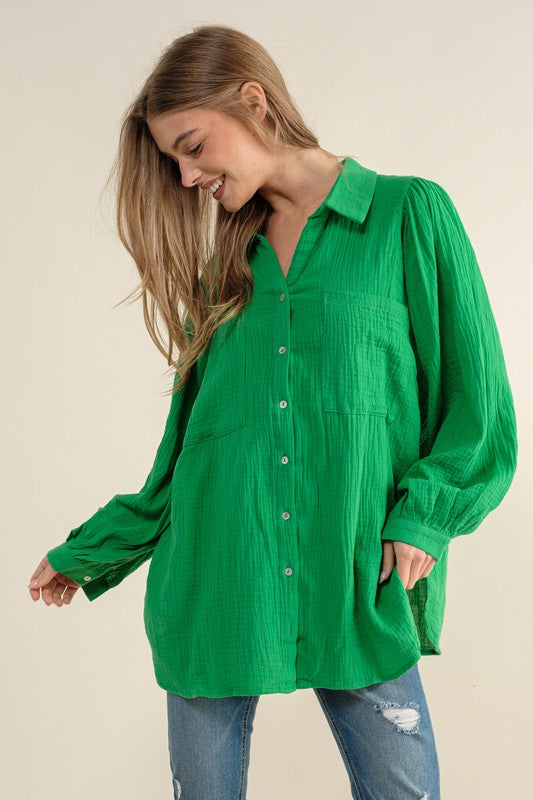 TEXTURED GAUZE BUTTON DOWN PUFF SLEEVES BLOUSE TOP