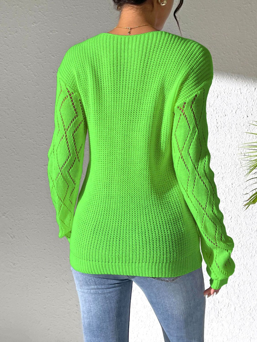 Openwork V-Neck Long Sleeve Sweater