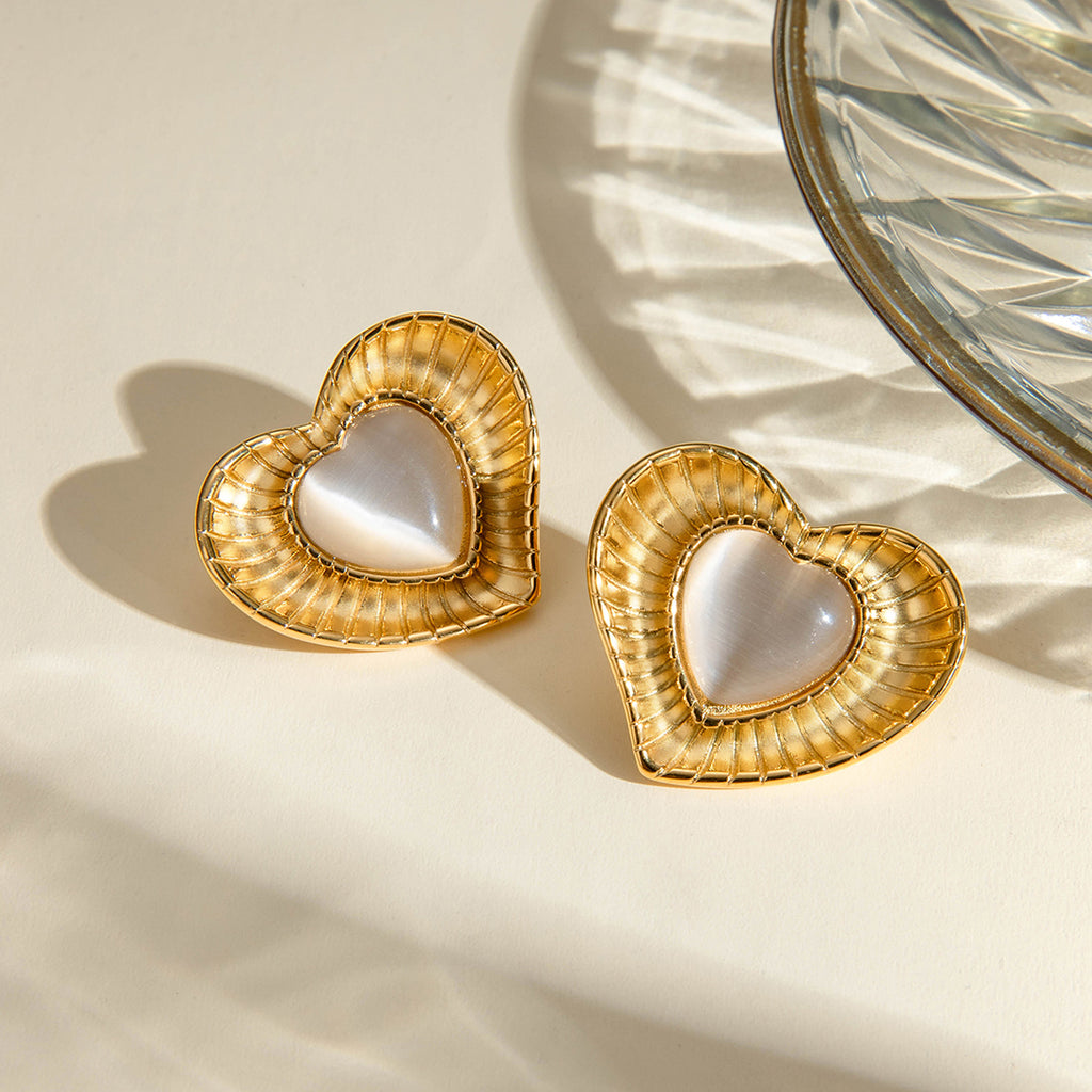 Stainless Steel Cat's Eye Stone Heart Earrings