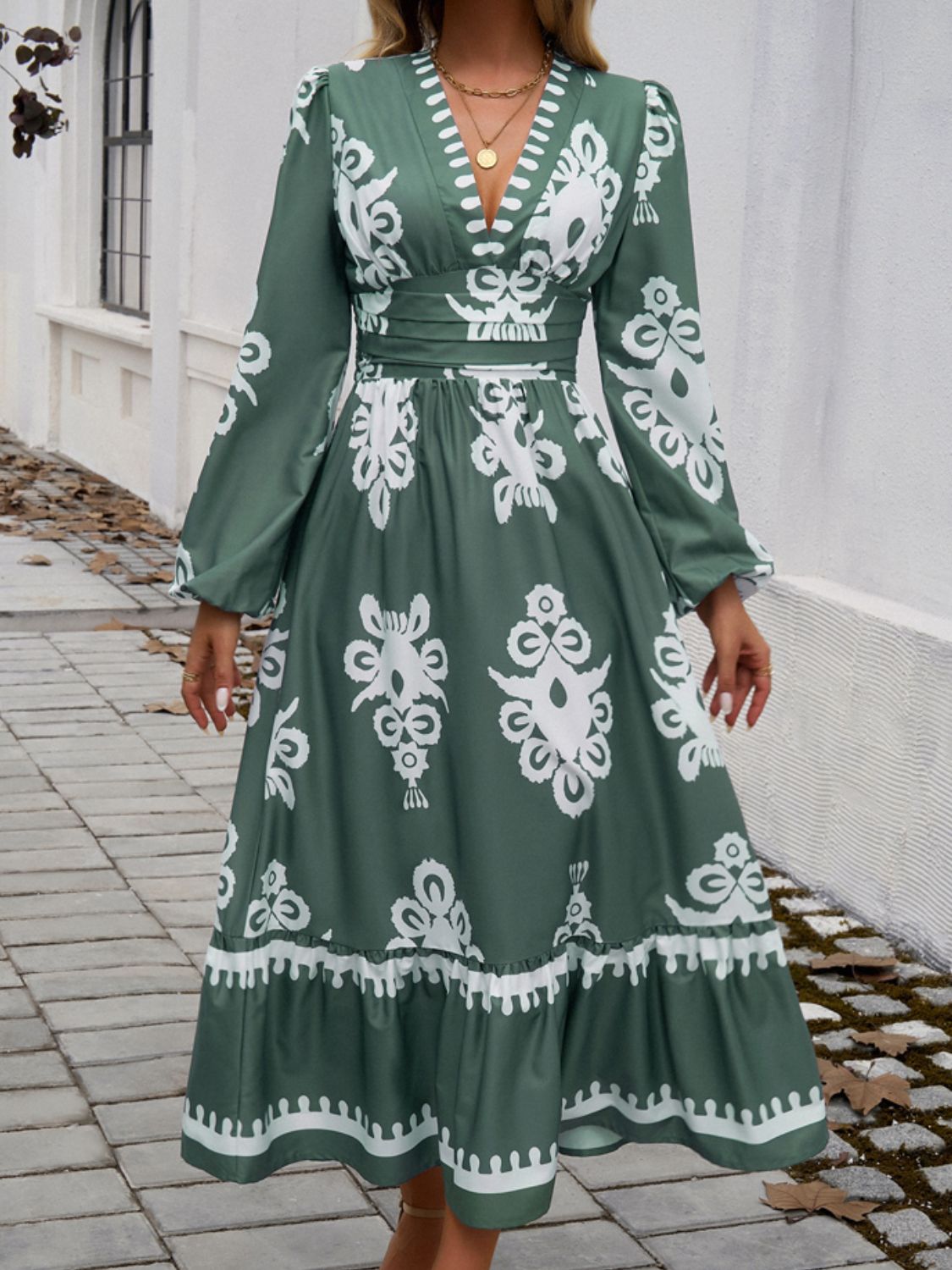 Devine Ruffled Printed Plunge Long Sleeve Dress