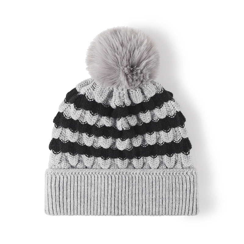 Striped Contrast Knit Hat with Pom-pom