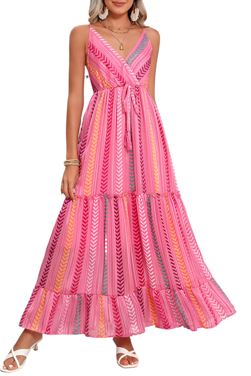 Pink Tribal Tassel Tie V Neck Surplice Maxi Dress