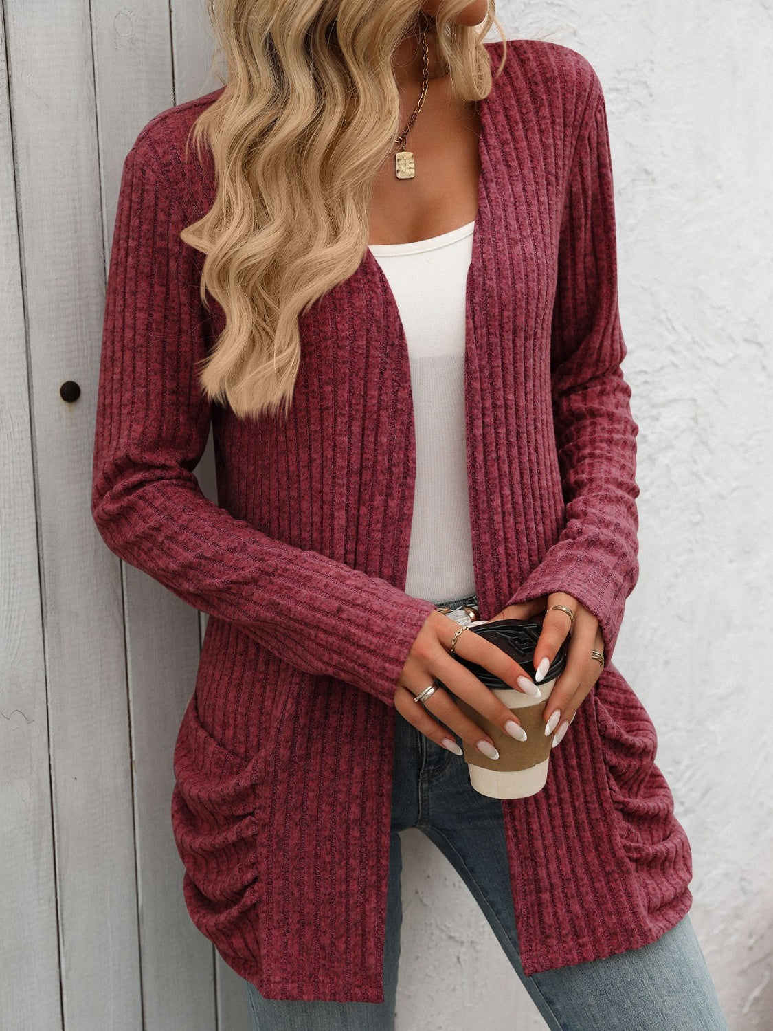 Open Front Long Sleeve Ribbed Cardigan