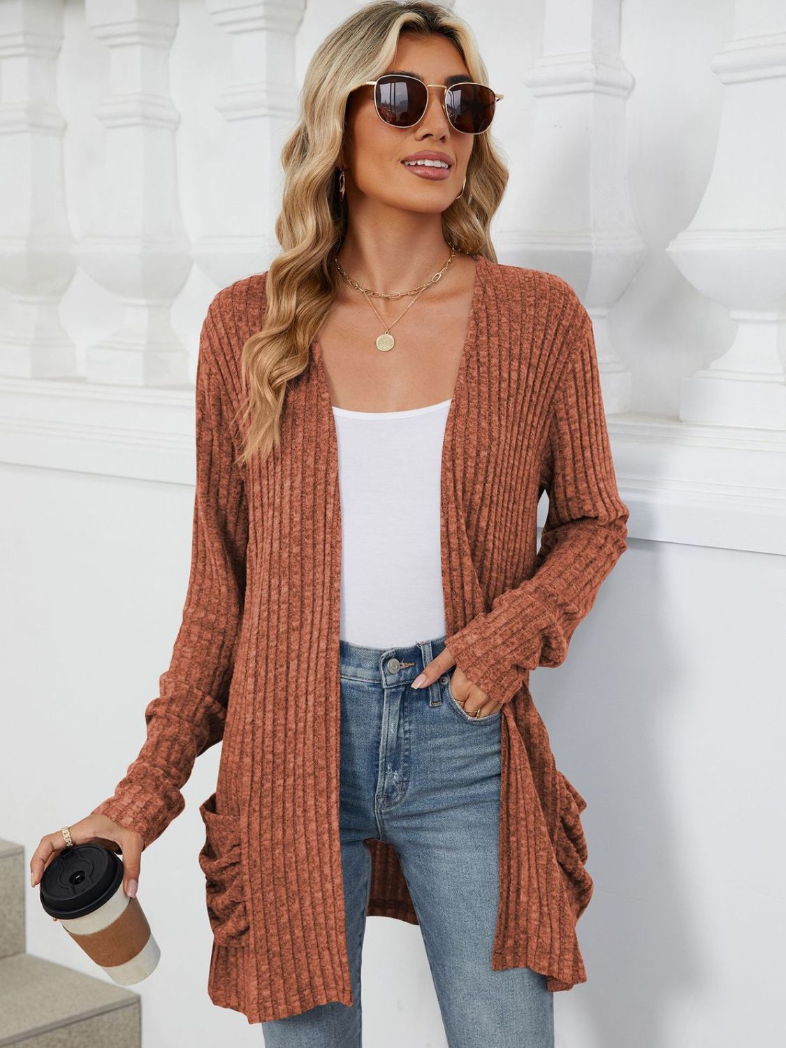 Pocketed Open Front Long Sleeve Cardigan