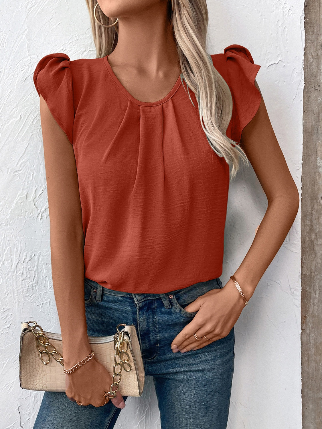 Ruched Round Neck Cap Sleeve Blouse