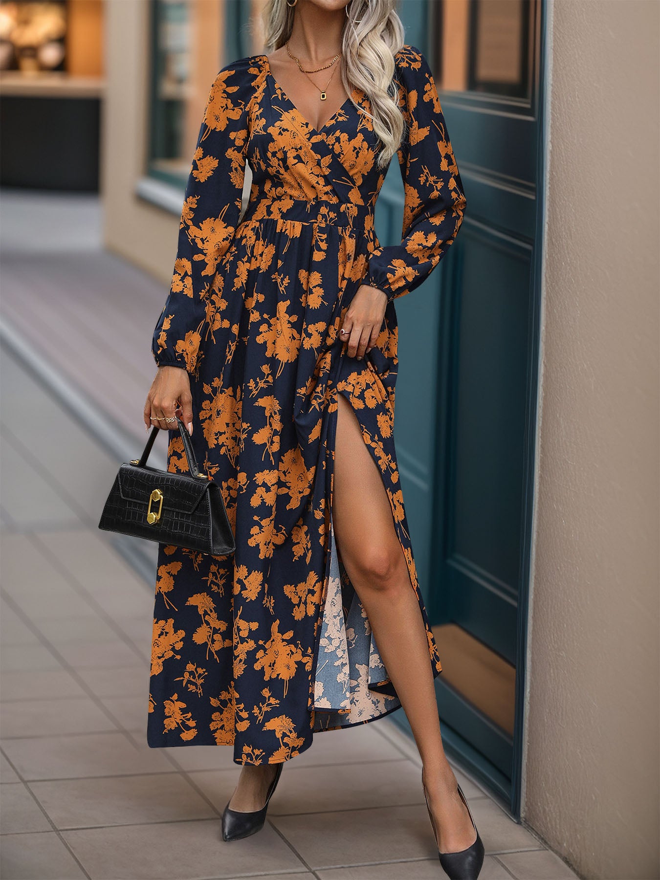 Perfee Split Printed Surplice Long Sleeve Midi Dress