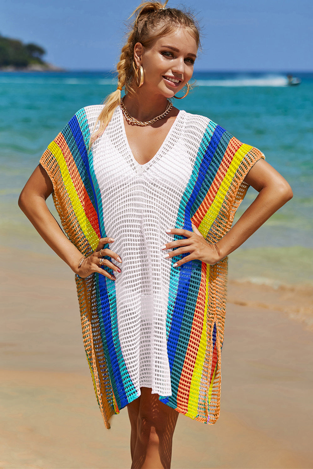 Openwork Striped Slit Knit Cover Up