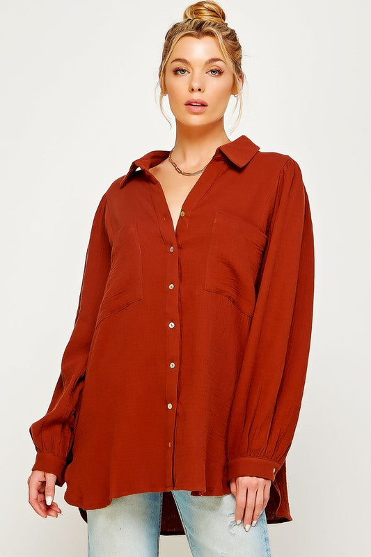 TEXTURED GAUZE BUTTON DOWN PUFF SLEEVES BLOUSE TOP