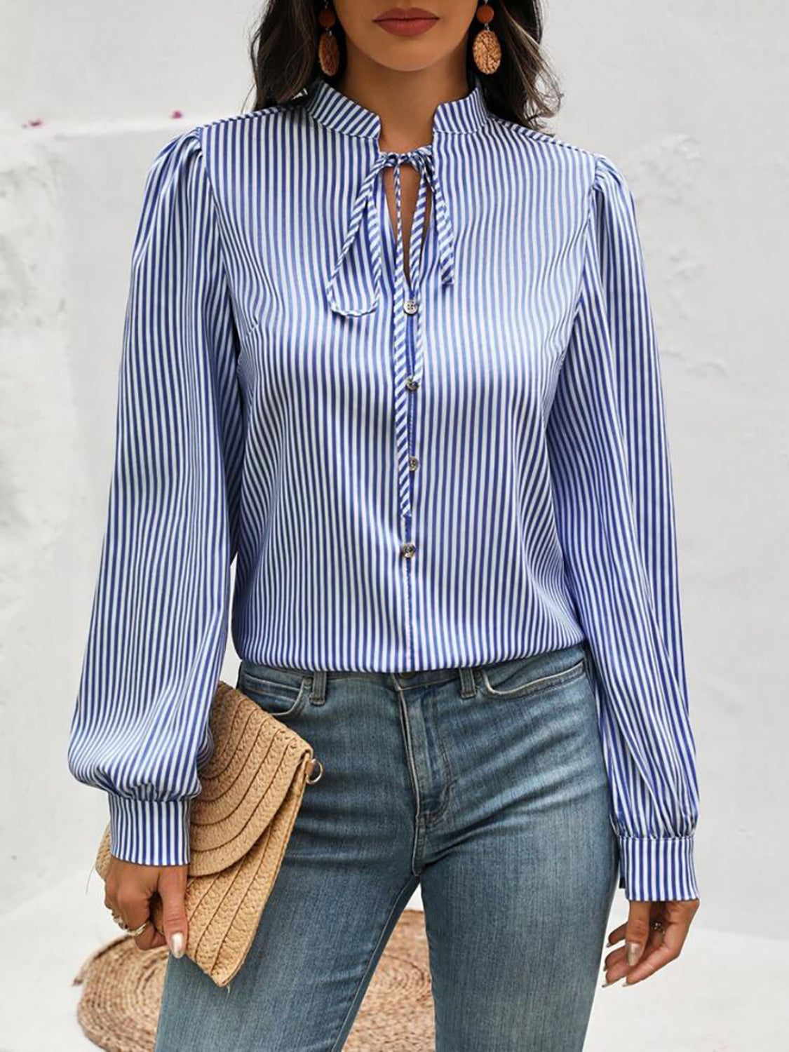 Striped Tie Neck Long Sleeve Blouse