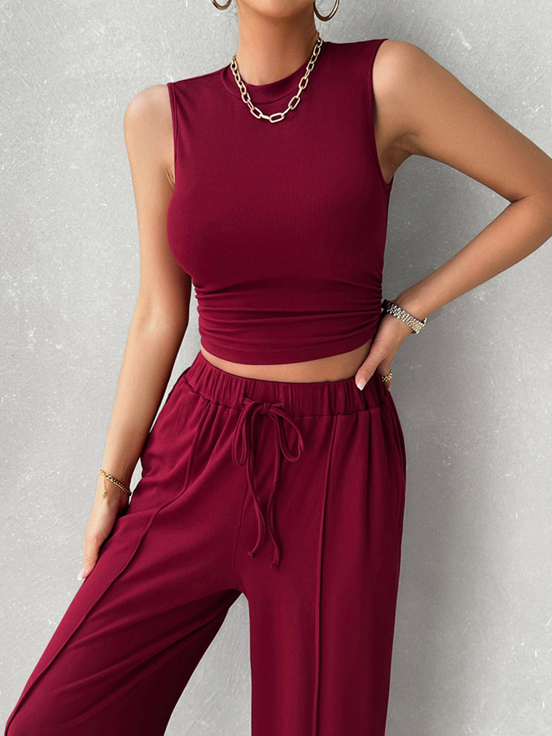 Mock Neck Sleeveless Top and Drawstring Pants Set