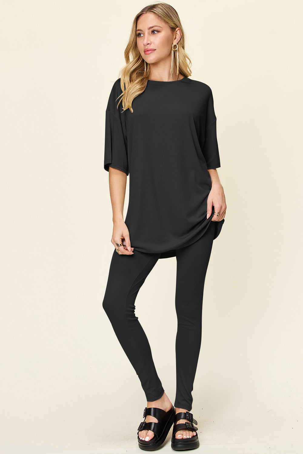 Double Take Full Size Round Neck Dropped Shoulder T-Shirt and Leggings Set