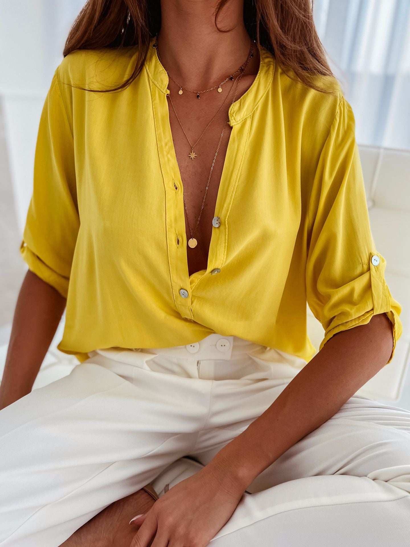 Half Button Notched Half Sleeve Blouse