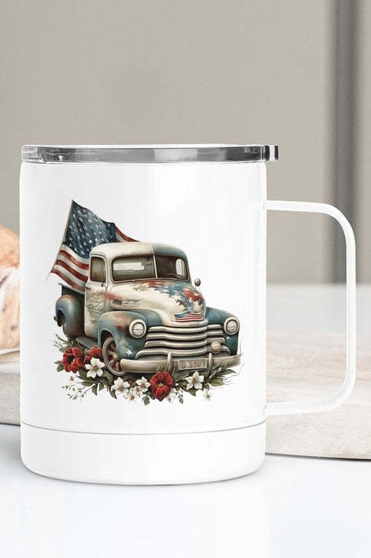 Patriotic Flag Truck Floral Stainless Steel Cup