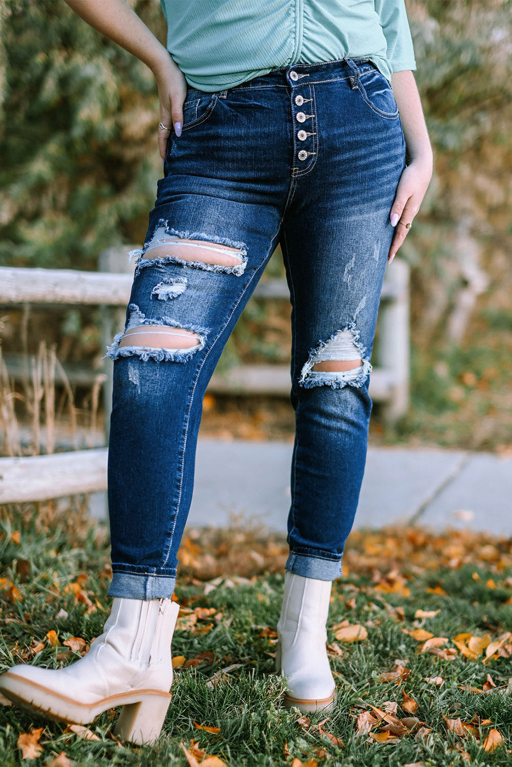 Plus Size Button Fly Distressed Jeans