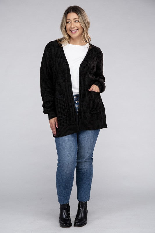 Plus Low Gauge Waffle Open Cardigan Sweater