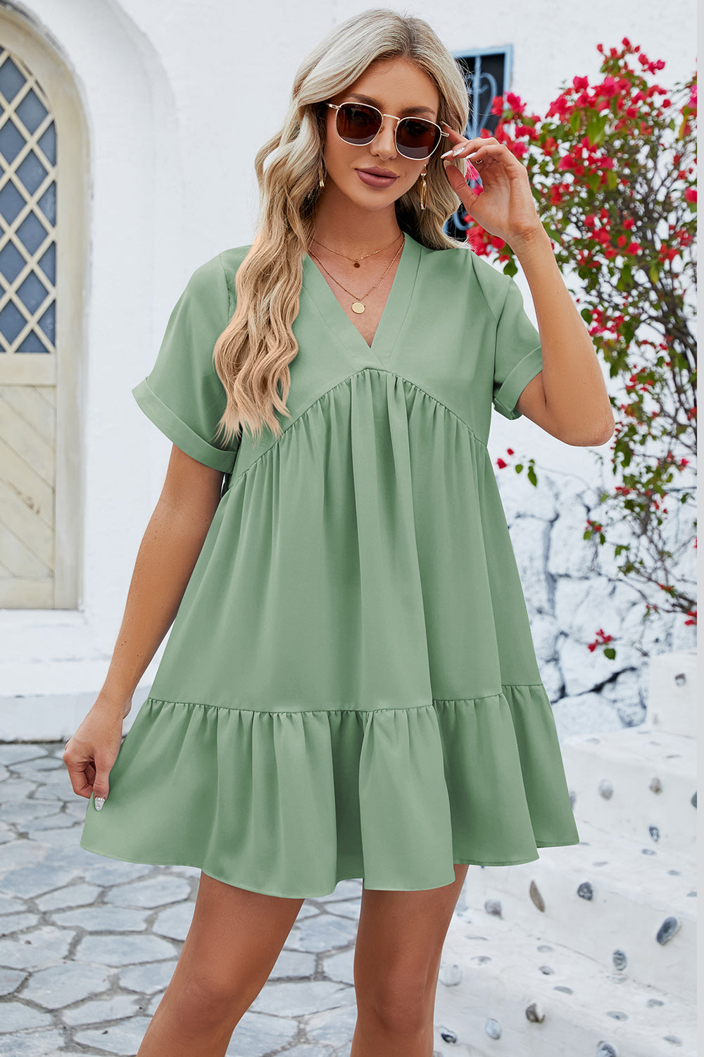 Ruched Tiered V-Neck Short Sleeve Mini Dress